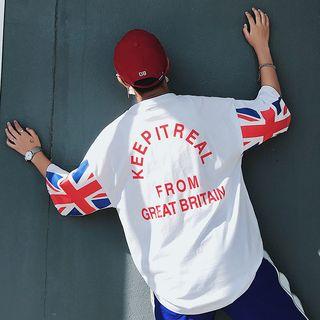 Elbow-sleeve Union Jack Print T-shirt