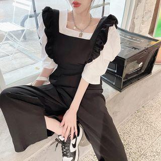 Puff-sleeve Square-neck Blouse / Wide Leg Jumper Pants