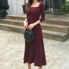 Long-sleeve Square-neck Ruched Midi Knit Dress