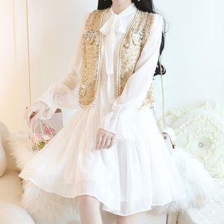 Tie-neck Puff-sleeve A-line Dress / Tweed Sweater Vest / Set