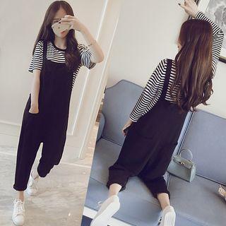 Set: Stripe Short-sleeve T-shirt + Dungaree