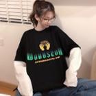 Mock Two-piece Hand Print Long-sleeve T-shirt