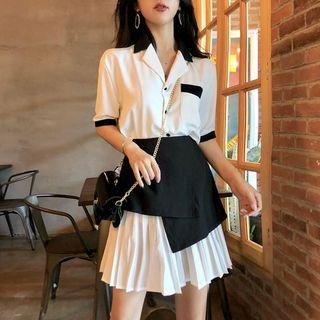 Set: Two-tone Elbow-sleeve Shirt + Panel Pleated Skirt