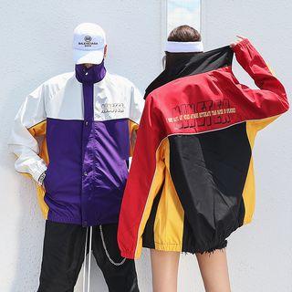 Couple Matching Lettering Color Block Zip Jacket