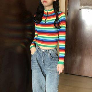 Long-sleeve Striped Zipped Knit Top As Shown In Figure - One Size