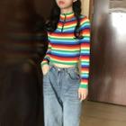 Long-sleeve Striped Zipped Knit Top As Shown In Figure - One Size