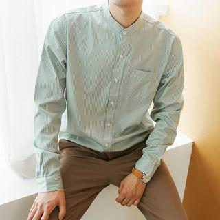 Plus Size Mandarin-collar Pinstriped Shirt