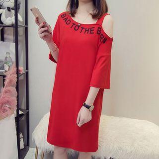 Lettering Cold-shoulder T-shirt Dress