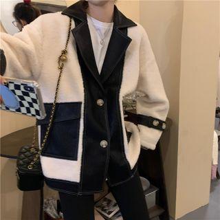 Long Sleeve Faux Leather Panel Lambswool Two Tone Jacket