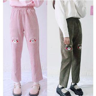 Bear Embroidered Straight Cut Corduroy Pants