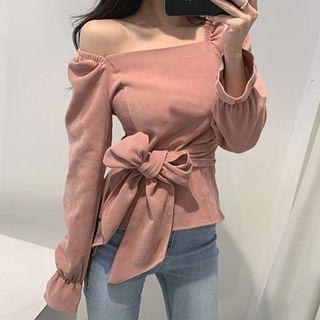 Plain Square-neck Slim-fit Puff-sleeve Blouse