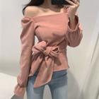 Plain Square-neck Slim-fit Puff-sleeve Blouse