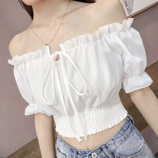 Puff-sleeve Off-shoulder Shirred Tie-front Crop Top