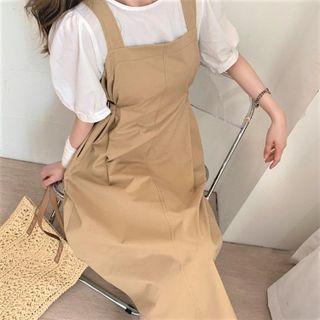 Set: Puff-sleeve Plain Top + Midi Overall Dress