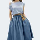 Set: Plain Cold-shoulder Blouse + A-line Skirt
