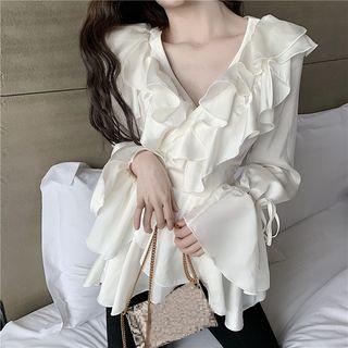V-neck Ruffled Chiffon Top With Sash White - One Size