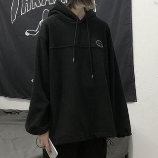 Letter Embroidered Drawstring Hem Fleeced Hooded Pullover