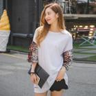 3/4-sleeve Sequined-panel T-shirt