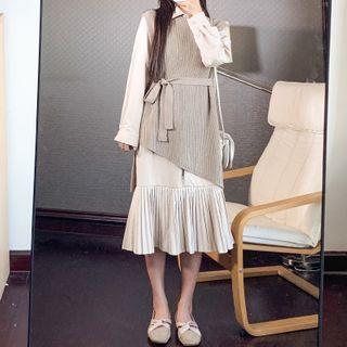 Set: Midi Shirtdress+ Ribbed Knit Vest Shirtdress & Knit Vest - White - One Size
