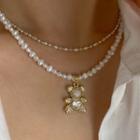 Bear Rhinestone Pendant Faux Pearl Layered Necklace