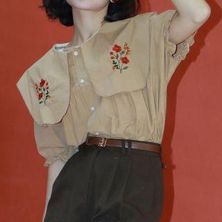 Short-sleeve Flower Embroidered Shirt Khaki - One Size