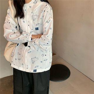 Hooded Printed Zip Jacket White - One Size