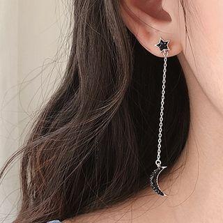 925 Sterling Silver Non-matching Moon & Star Drop Earring As Shown In Figure - One Size