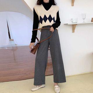 V-neck Argyle Knit Vest / Long-sleeve Mock Neck T-shirt / Wide-leg Pants