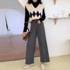 V-neck Argyle Knit Vest / Long-sleeve Mock Neck T-shirt / Wide-leg Pants