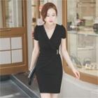 Wrap-front Puff-sleeve Bodycon Dress