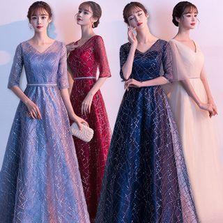 V-neck Elbow-sleeve Sequined A-line Mesh Evening Gown