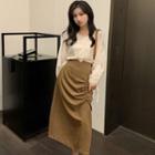 Long-sleeve V-neck Blouse / Side-slit Ruched Midi Skirt