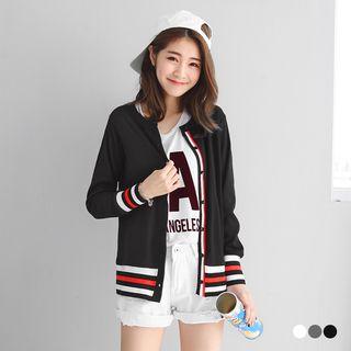 Varsity-striped Trim Ribbed Knit Cardigan