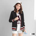 Varsity-striped Trim Ribbed Knit Cardigan