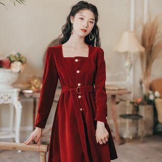 Plain Square-neck Button Mini A-line Dress