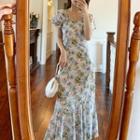 Floral Print Short-sleeve Ruffle Hem Maxi A-line Dress