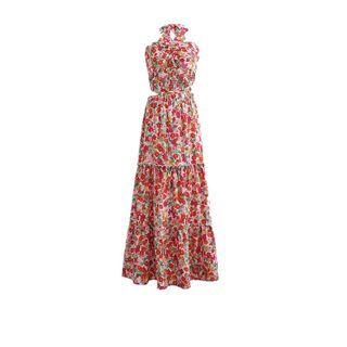 Set: Halter-neck Floral Print Camisole Top + Midi A-line Skirt