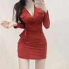 Long-sleeve Collar Mini Wrap Sheath Dress