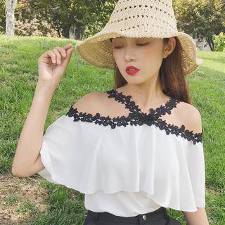 Open Shoulder Lace Trim Short-sleeve Chiffon Top