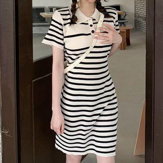 Short-sleeve Striped Knit Mini Polo Dress Almond - One Size