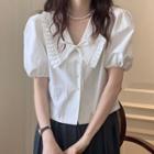 Puff-sleeve V-neck Bow Accent Shirt Off-white - One Size