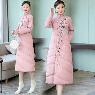 Long-sleeve Padded Floral Embroidered Midi Qipao Dress