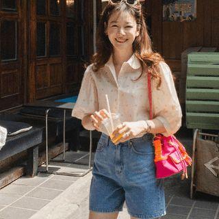 Puff-sleeve Check Floral Blouse