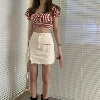 Short-sleeve Plaid Blouse / Plaid Camisole Top / Zip Mini Skirt