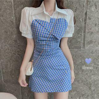 Short-sleeve Mock Two-piece Plaid Mini Shift Dress