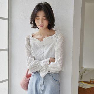 Ruffle Trim Eyelet Long-sleeve Cropped Blouse