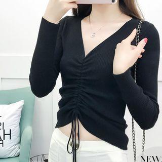 Long-sleeve Ruched-front Knit Top