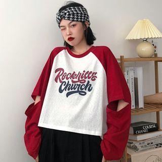 Cutout Sleeve Color-block Letter Print T-shirt