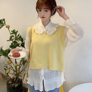Ruffled Bell-sleeve Crinkle Blouse / Knit Vest