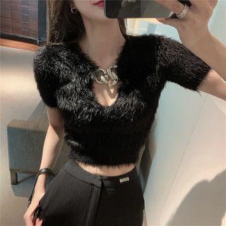 Chain Short-sleeve Furry Cropped Top
